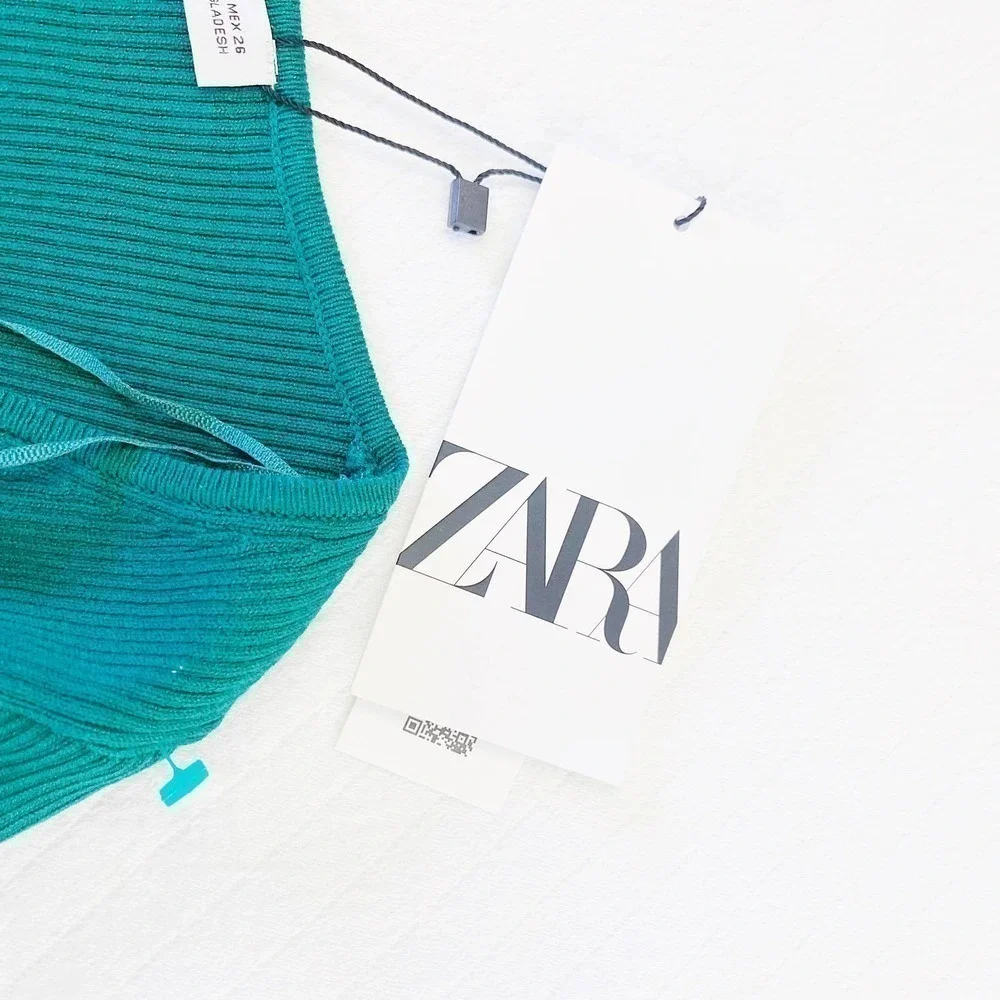 Zara Green Long Sleeve V-Neck Crop Top Crossbody Straps SZ S NWT